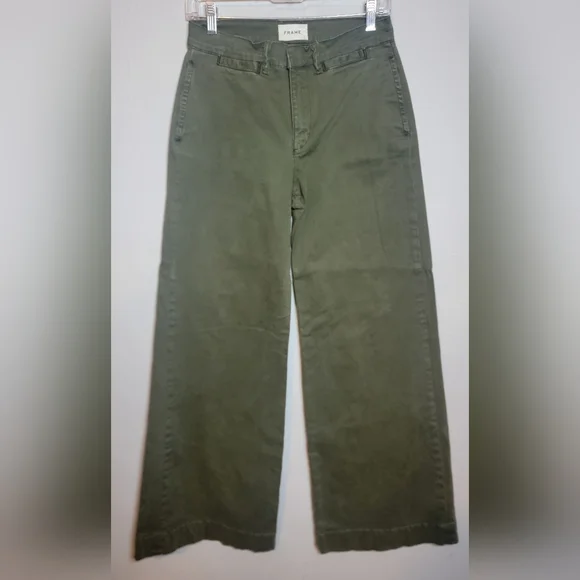 FRAME Tomboy Wideleg Trouser Pants Size 27 Olive Green - Picture 2 of 6